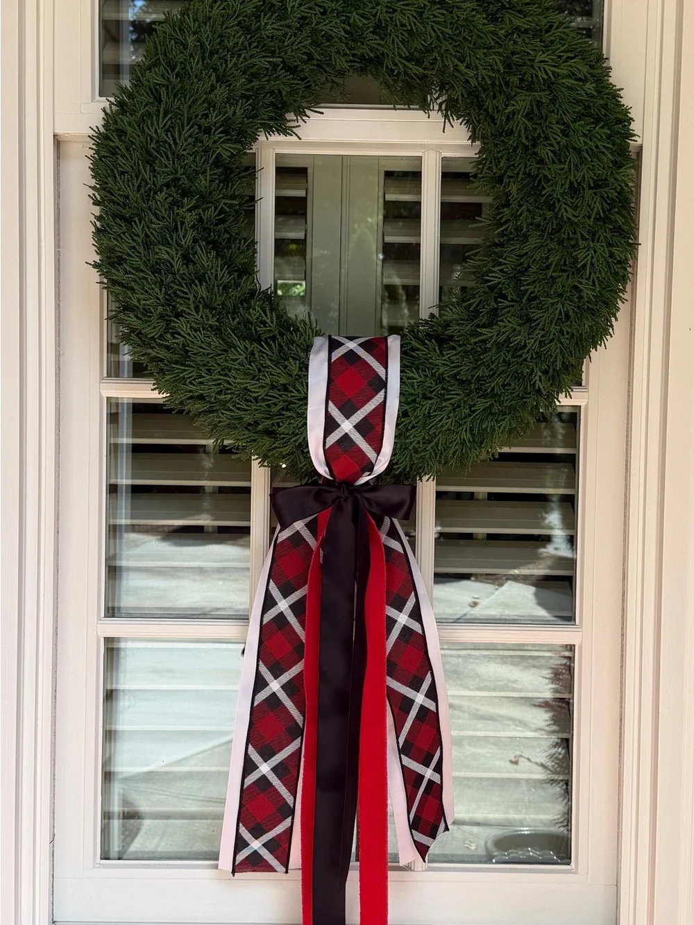Evergreen Holiday Wreath with Red Plaid Bow